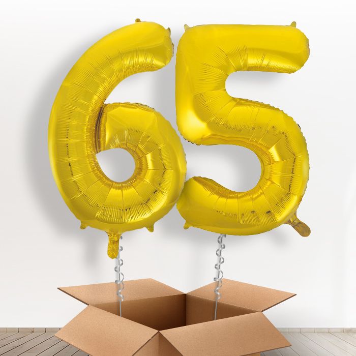 65th Birthday Balloons in a Box - Gold Numbers - Package | Small Indoor Plants