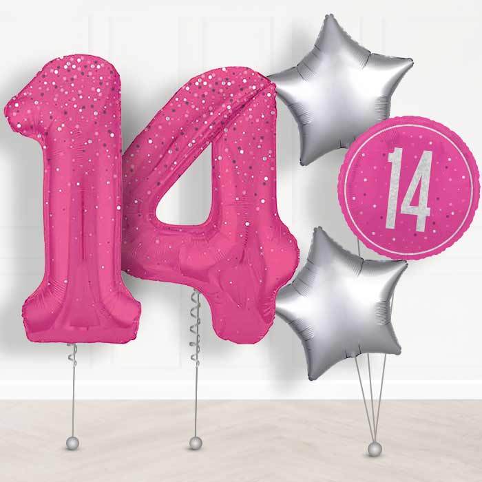 Hot Pink Dots 14th Birthday Balloon in a Box - Giant Numbers and 3 Balloons | Small Indoor Plants