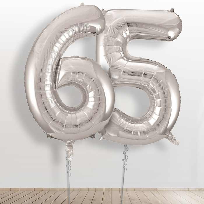 65th Birthday Balloons in a Box - Silver Numbers