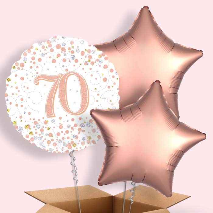 Rose Gold and White 70th Birthday Balloon in a Box - 3 Balloon | Small Indoor Plants