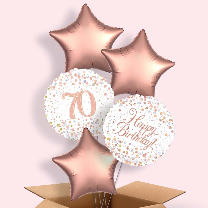 Rose Gold and White 70th Birthday Balloon in a Box - 5 Balloon | Small Indoor Plants