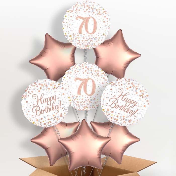 Rose Gold and White 70th Birthday Balloon in a Box - 9 Balloon | Small Indoor Plants