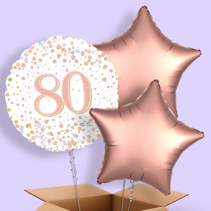 Rose Gold and White 80th Birthday Balloon in a Box - 3 Balloon | Small Indoor Plants