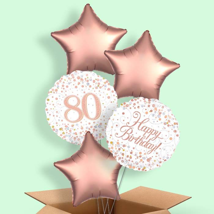 Rose Gold and White 80th Birthday Balloon in a Box - 5 Balloon | Small Indoor Plants