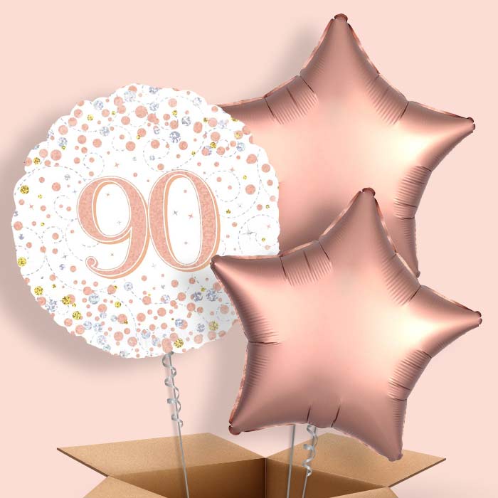 Rose Gold and White 90th Birthday Balloon in a Box - 3 Balloon | Small Indoor Plants