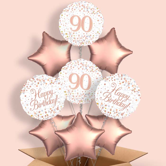 Rose Gold and White 90th Birthday Balloon in a Box - 9 Balloon | Small Indoor Plants