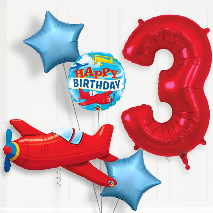Red Airplane Helium Balloon Package 3rd Birthday - Number 3 | Small Indoor Plants