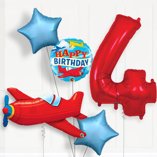 Red Airplane Helium Balloon Package 4th Birthday - Number 4 | Small Indoor Plants