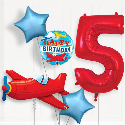Red Airplane Helium Balloon Package 5th Birthday - Number 5 | Small Indoor Plants