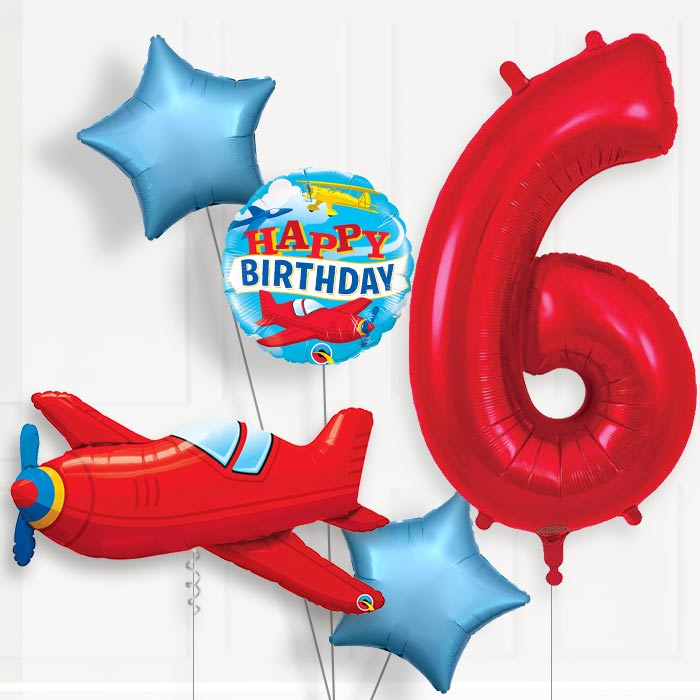 Red Airplane Helium Balloon Package 6th Birthday - Number 6 | Small Indoor Plants
