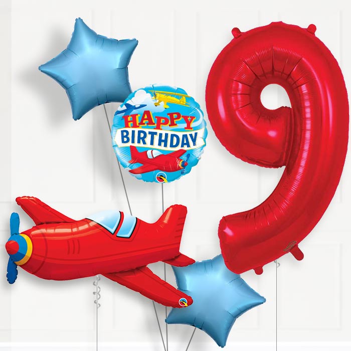 Red Airplane Helium Balloon Package 9th Birthday - Number 9 | Small Indoor Plants