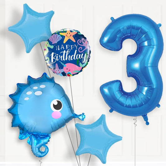 Blue Seahorse Helium Balloon Package 3rd Birthday - Number 3 | Small Indoor Plants