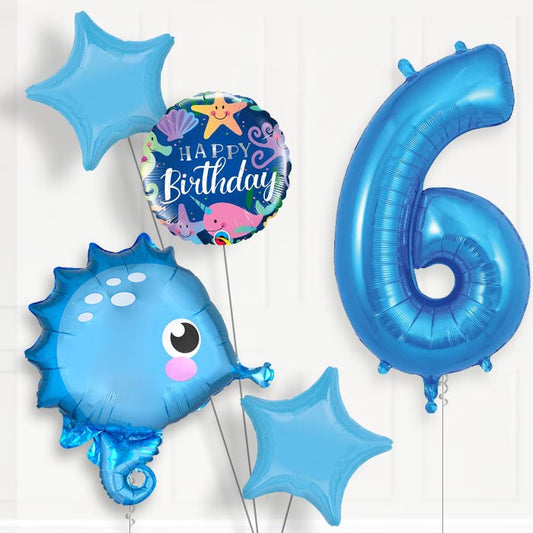 Blue Seahorse Helium Balloon Package 6th Birthday - Number 6 | Small Indoor Plants