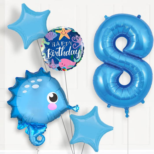 Blue Seahorse Helium Balloon Package 8th Birthday - Number 8 | Small Indoor Plants