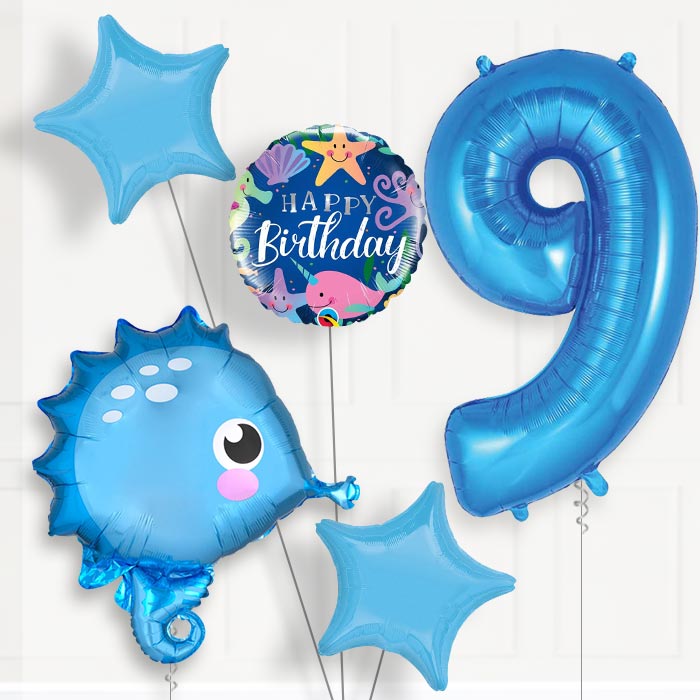Blue Seahorse Helium Balloon Package 9th Birthday - Number 9 | Small Indoor Plants