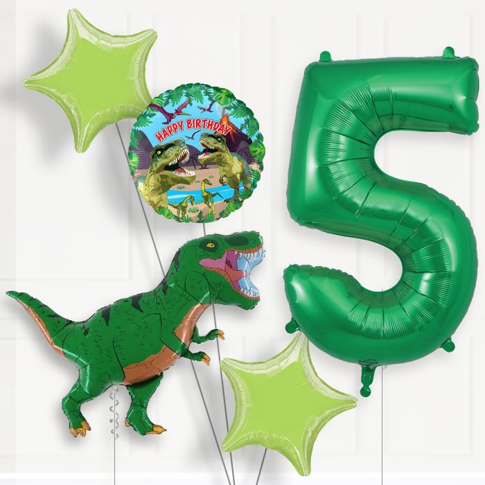 Green T Rex Helium Balloon Package 5th Birthday