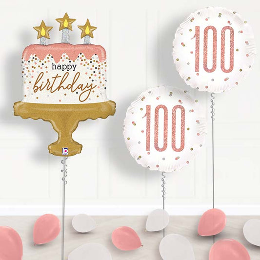 Rose Gold 100th Birthday Balloon Display - Rose Gold 100th Balloon Package | Small Indoor Plants