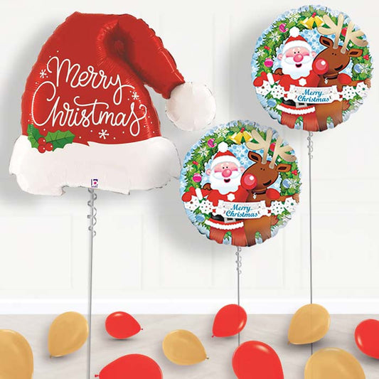 Santa Hat & Reindeer Merry Christmas Balloon Display Delivered - Package | Small Indoor Plants