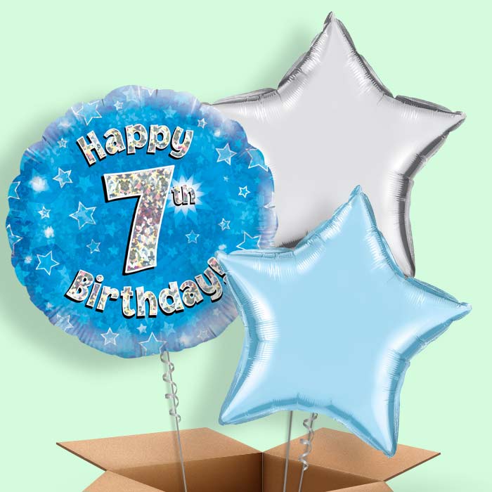 Happy 7th Birthday Blue Stars Balloon in a Box - 3 Balloon | Small Indoor Plants