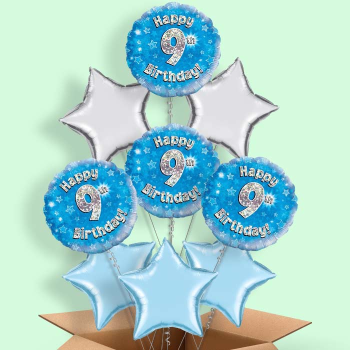Happy 9th Birthday Blue Stars Balloon in a Box - 9 Balloon | Small Indoor Plants