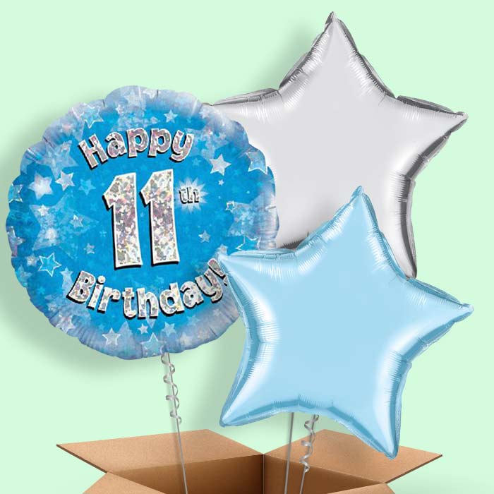 Happy 11th Birthday Blue Stars Balloon in a Box - 3 Balloon | Small Indoor Plants
