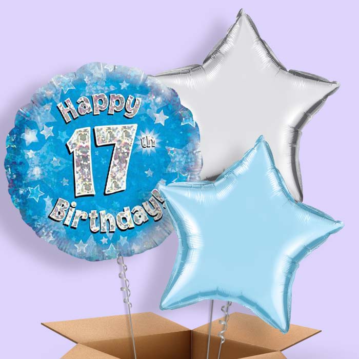 Happy 17th Birthday Blue Stars Balloon in a Box