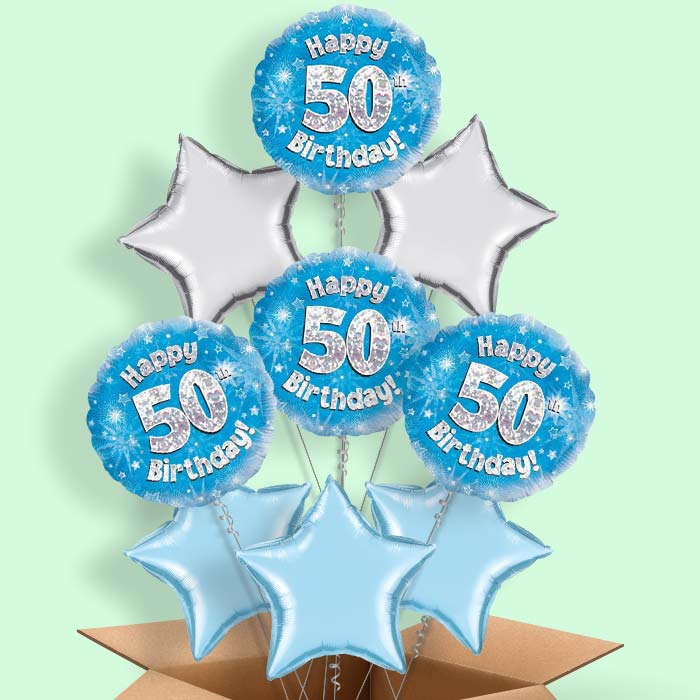 Happy 50th Birthday Blue Stars Balloon in a Box - 9 Balloon | Small Indoor Plants