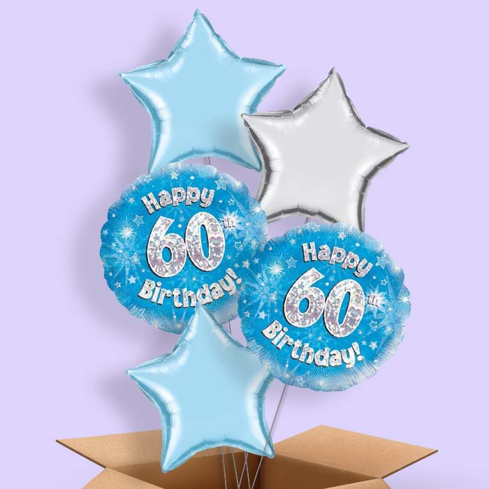 Happy 60th Birthday Blue Stars Balloon in a Box - 5 Balloon | Small Indoor Plants