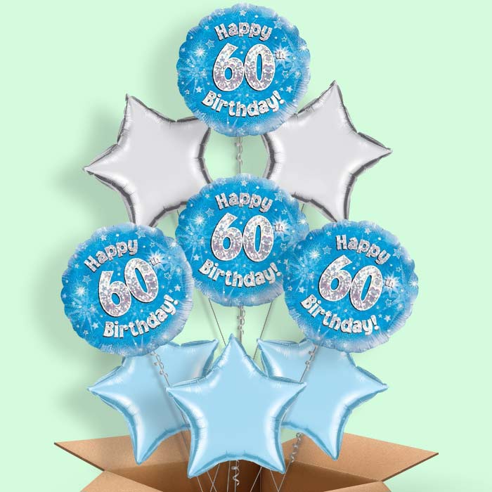 Happy 60th Birthday Blue Stars Balloon in a Box - 9 Balloon | Small Indoor Plants