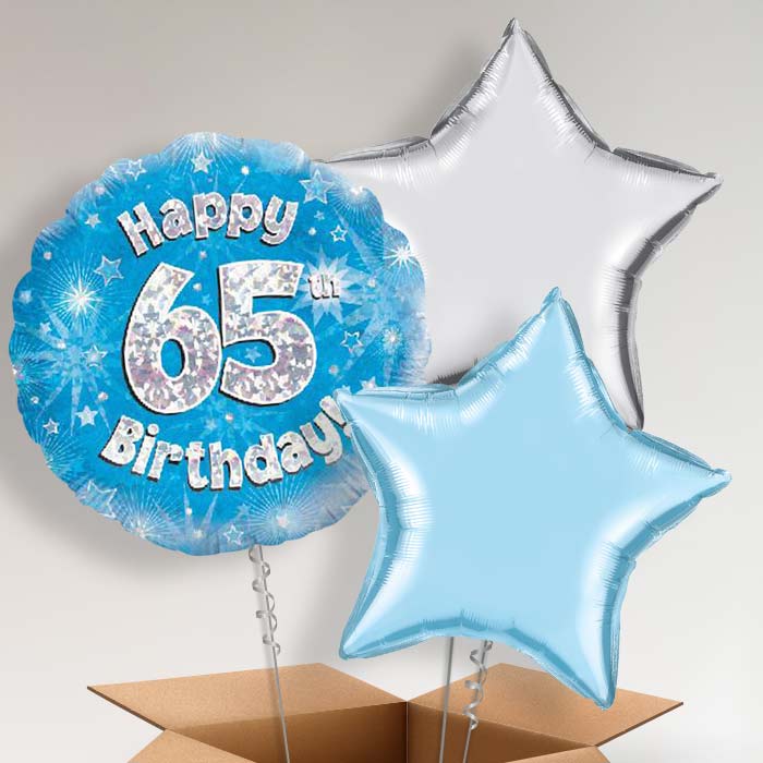Happy 65th Birthday Blue Stars Balloon in a Box - 3 Balloon | Small Indoor Plants
