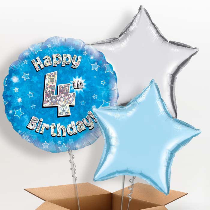 Happy 4th Birthday Blue Stars Balloon in a Box - 3 Balloon | Small Indoor Plants