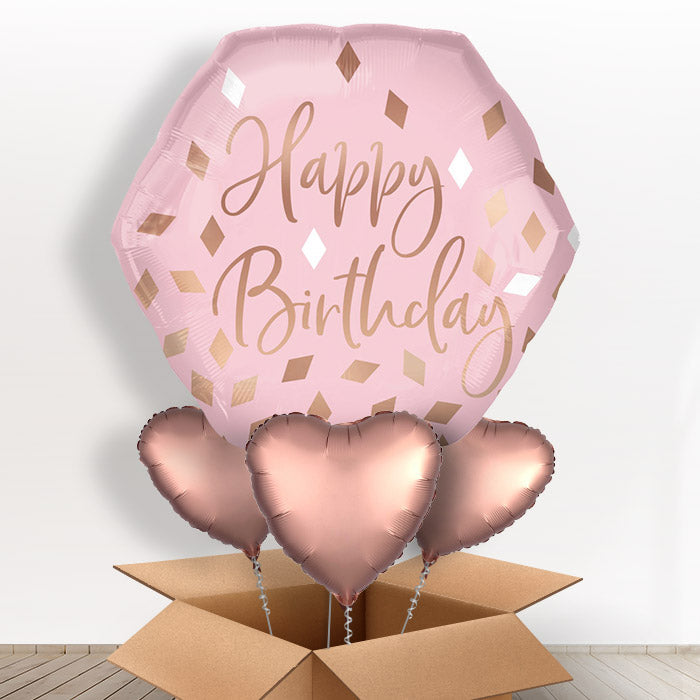 Pink and Rose Gold Balloons in a Box - Giant Balloon with 3 Hearts | Small Indoor Plants