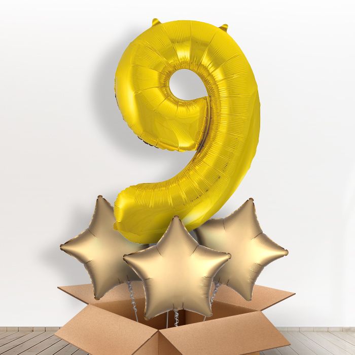 Gold Giant Number 9 Balloon in a Box Gift - Giant Number and 3 Balloons | Small Indoor Plants