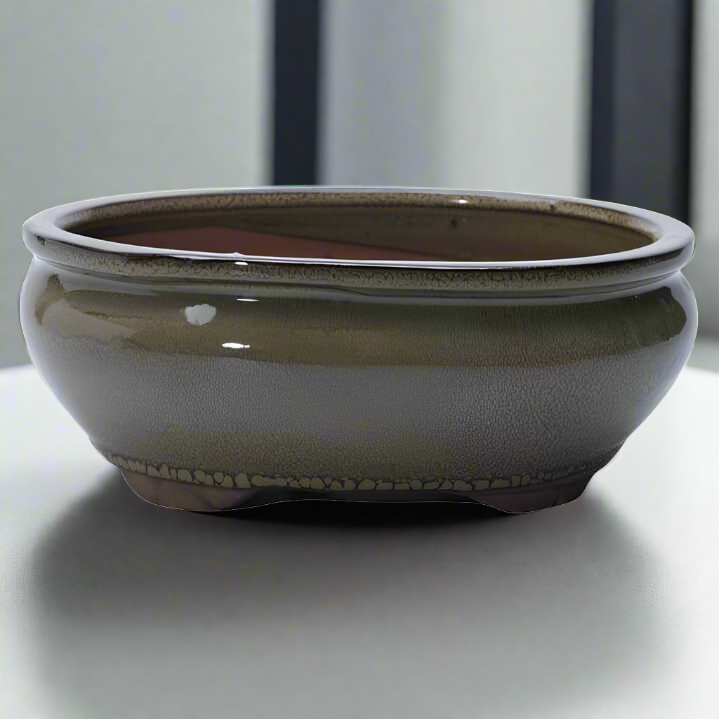 Glazed Oval Bonsai Pot Green Two Tone 20cm x 16cm x 6cm
