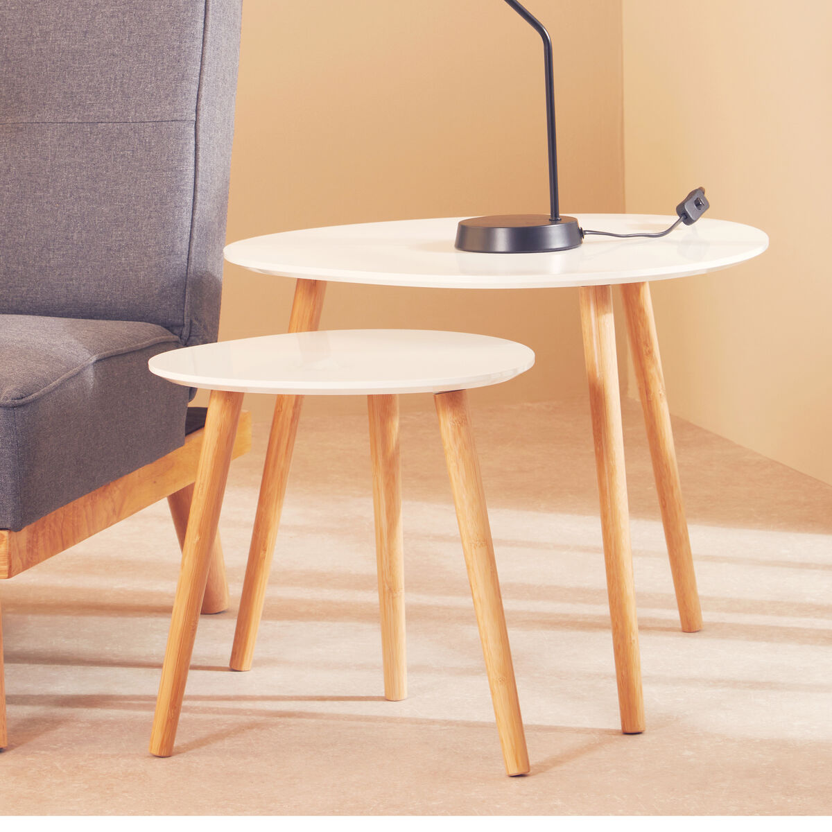 Nostra White Gloss and Bamboo Set of 2 Triangular Side Tables