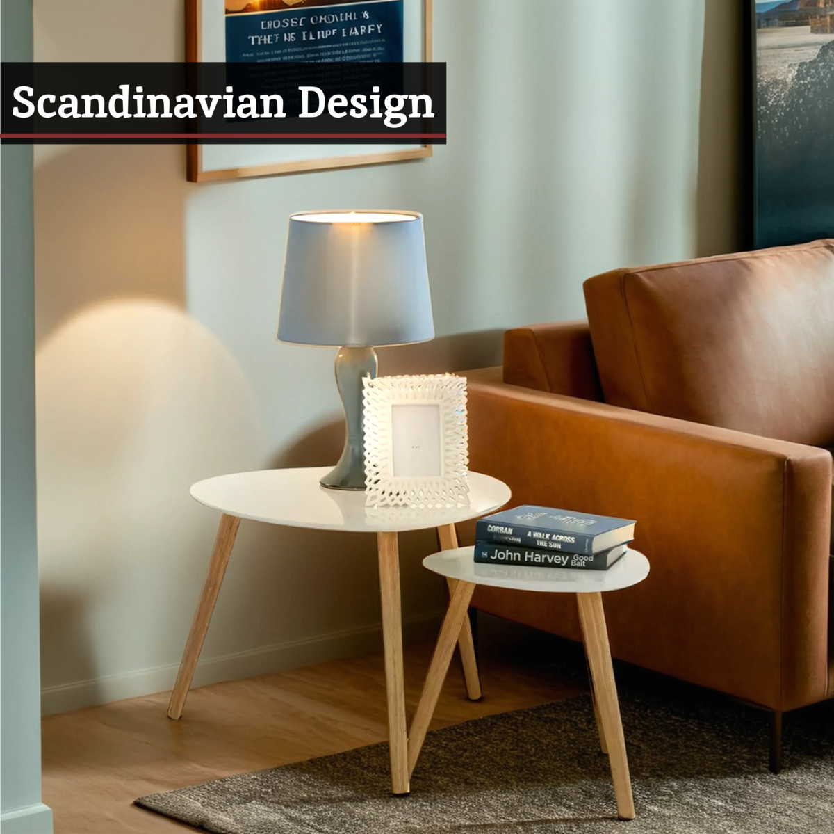 Nostra White Gloss and Bamboo Set of 2 Triangular Side Tables