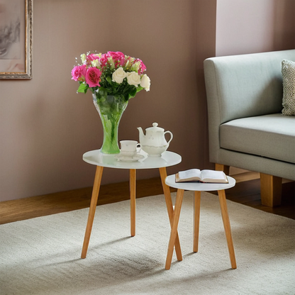 Nostra White Gloss and Bamboo Set of 2 Round Side Tables