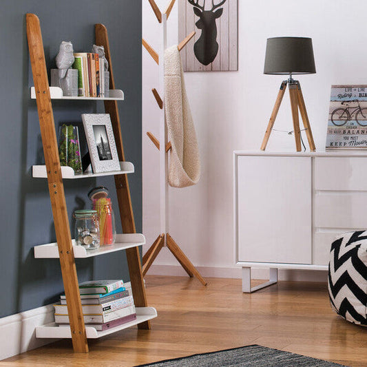 Nostra White Gloss and Bamboo 4 Tier Ladder Shelf Unit