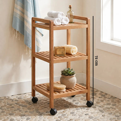 Arla Natural Walnut Wood 3 Tier Bathroom Shelf Unit with Wheels