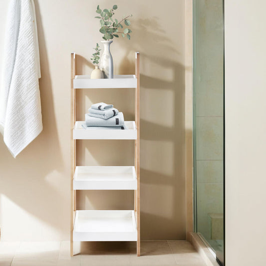 Arla Natural and White Birch Wood 4 Tier Bathroom Shelf Unit
