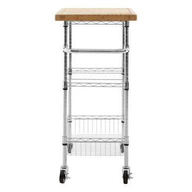 Silver and Natural 3 Tier Kitchen Trolley with Rubber Wood Top | Frankfurt