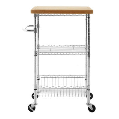 Silver and Natural 3 Tier Kitchen Trolley with Rubber Wood Top | Frankfurt