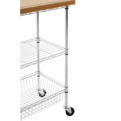 Silver and Natural 3 Tier Kitchen Trolley with Rubber Wood Top | Frankfurt