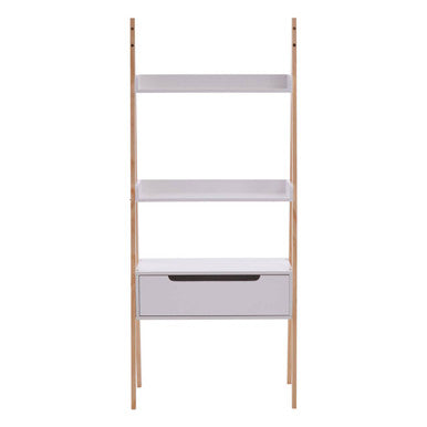 Rostok White and Natural Wood Ladder Shelf Unit with Drawer