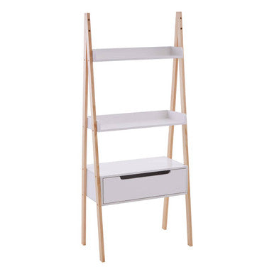 Rostok White and Natural Wood Ladder Shelf Unit with Drawer