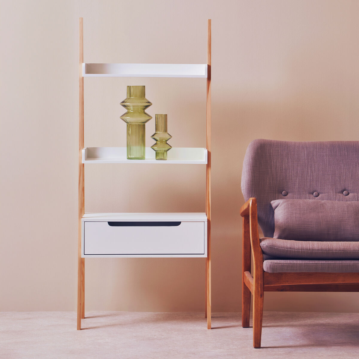 Rostok White and Natural Wood Ladder Shelf Unit with Drawer