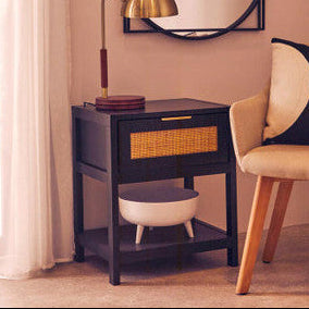 Sherman Black Finish and Natural Rattan 1 Drawer Side Table