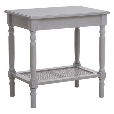 Heritage Grey Wash Wooden Side Table with Rattan Shelf