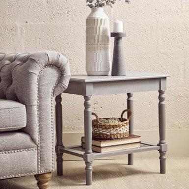 Heritage Grey Wash Wooden Side Table with Rattan Shelf