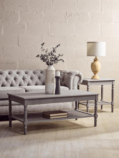 Heritage Grey Wash Wooden Side Table with Rattan Shelf